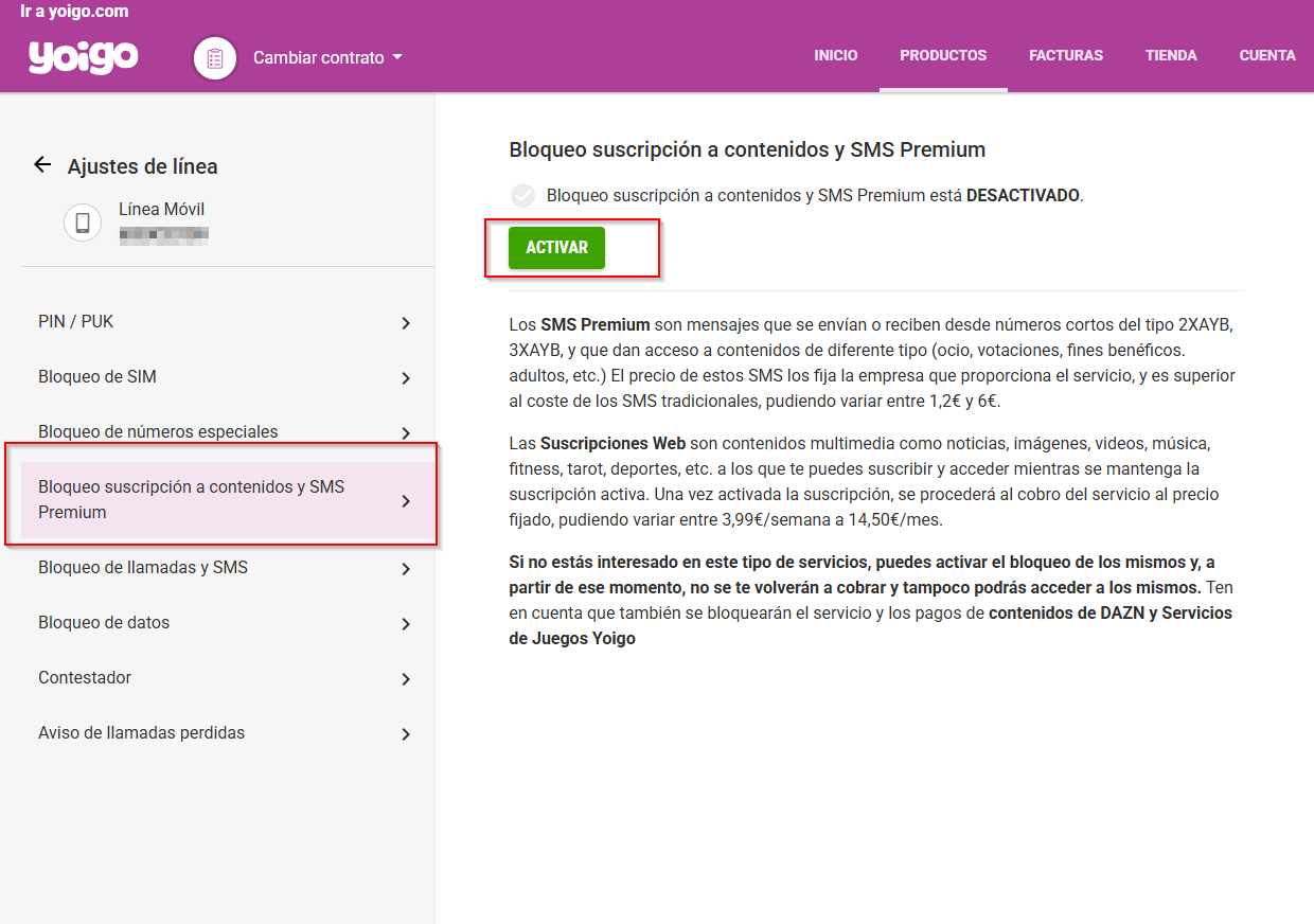 bloqueo de servicios premium dazn