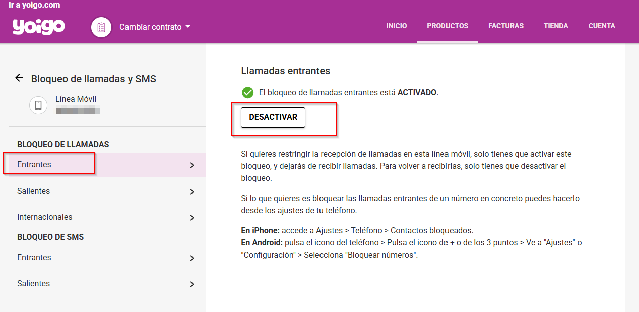 Bloque llamadas entrantes web