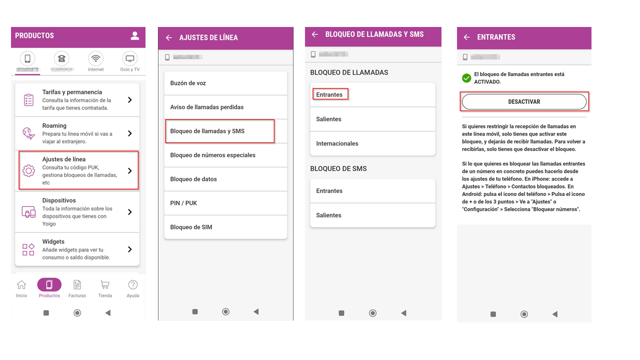 Mi yoigo - bloqueo llamadas entrantes app